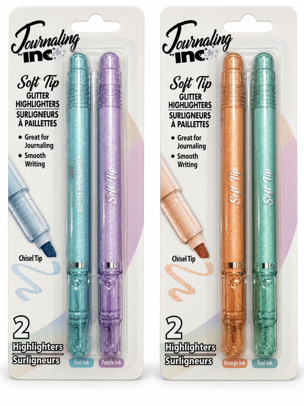 Journaling Inc. Soft Tip Glitter Highlighters - Teal, Lavender, Peach, Mint